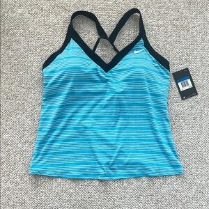 Nike Ladies Heather Aqua and Black Striped V Neck Tankini Top.